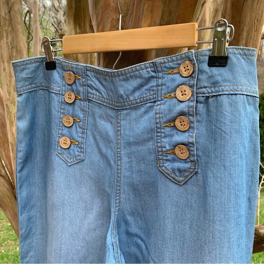 Anthropologie Elevenses Wide Leg Sailor Button Denim Pants - Picture 3 of 9
